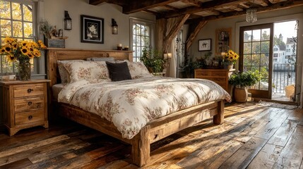 Rustic bedroom with wooden bed frame and sunflowers with a beautiful view