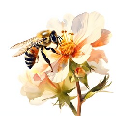 Detailed honey bee gathering pollen on a white flower watercolor illustration