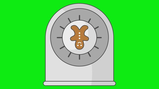 Gingerbread timer dial. Round kitchen timer with center gingerbread motif. Small dial detail visible. Simple baking tool element. Shown in a soft timer turn motion pass with gentle dial rotation.