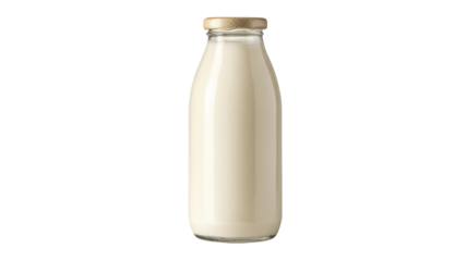 Glass bottle filled with fresh milk isolated on transparent background for design and packaging mockup concepts