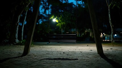 An empty swing set in a park at night, illuminated by a single light, creating a moody and peaceful atmosphere.