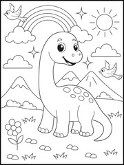 Line Art of a Friendly Dinosaur Enjoys a Bright Day Under a Rainbow in the Valley. Adventure Coloring Page for Kids.