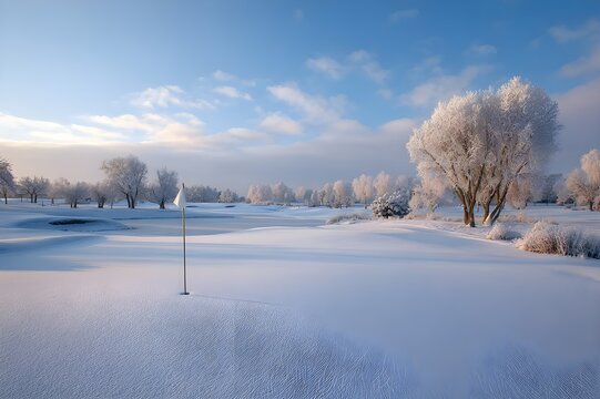 Snow-covered golf course with flag marking frozen hole tranquil winter sports setting