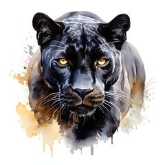Majestic black panther with intense gaze rendered in watercolor style