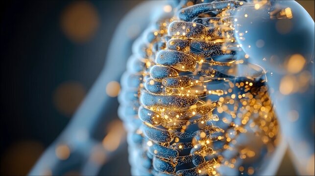 A futuristic medical concept image showing a translucent human torso with glowing energy and particles throughout the rib cage. The image has a dark, moody atmo - Powered by Adobe