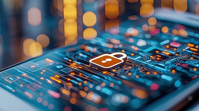 A smartphone screen displays a digital lock icon, symbolizing data security and protection within a futuristic, abstract background. - Powered by Adobe