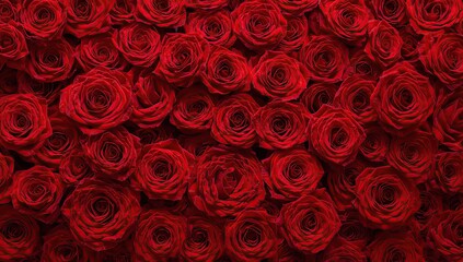 A top-down view of numerous red rose blossoms filling the entire frame