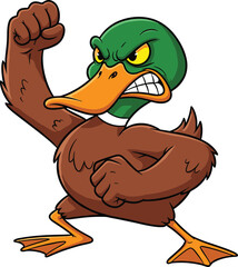 Angry cartoon duck with green head and brown body flexing muscles, showing fierce expression, perfect for humorous or action-themed vector illustrations.
