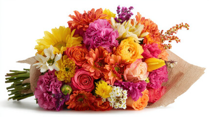 Vibrant bouquet of colorful mixed flowers wrapped in burlap with daisies, roses, tulips, and carnations on white background