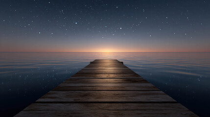 Fototapeta premium Serene Wooden Dock Stretching into the Calm Sea Under a Starry Sky at Sunset with a Warm Horizon Glow
