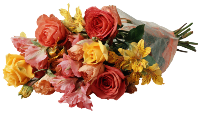 Elegant bouquet of roses and lilies with transparent background for floral design and celebration concepts