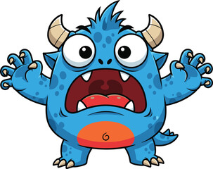 Cute blue cartoon monster with horns and big eyes, screaming with open mouth, funny scary character vector illustration