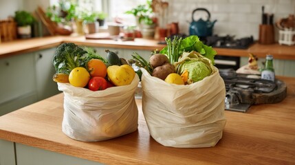 Medium shot of biodegradable kitchen waste bags filled with fruit and vegetable scraps demonstrating ecofriendly waste disposal in a home setting