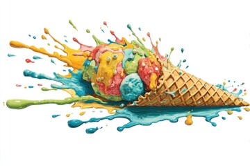 Colorful ice cream cone with vibrant paint splatters