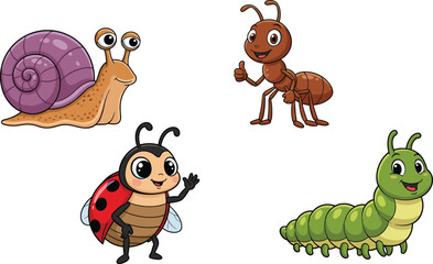 Cute cartoon snail, ant, ladybug, and caterpillar characters smiling, waving, giving thumbs up on white background for kids’ educational content
