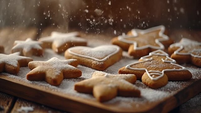 Close-up of various Christmas cookies being dusted with powdered sugar.