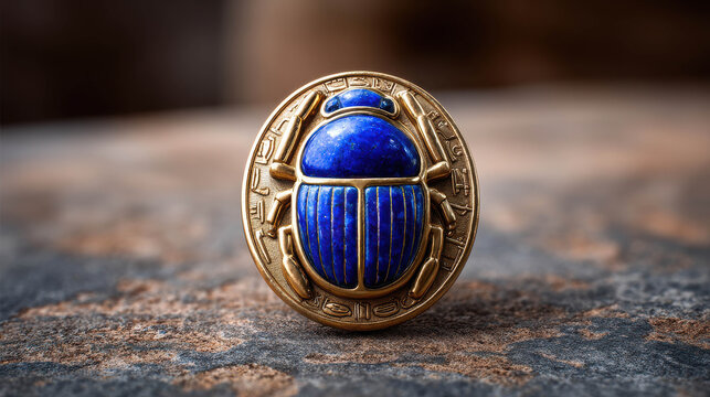 Detailed View of a Gold Scarab Amulet with Inlaid Blue Lapis Lazuli Surrounded by Ancient Egyptian Symbols and Hieroglyphs