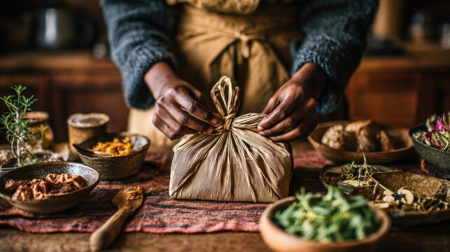 Medium shot of hands wrapping clothing in cornstarch biodegradable packaging highlighting ecofriendly plantbased sustainability.
