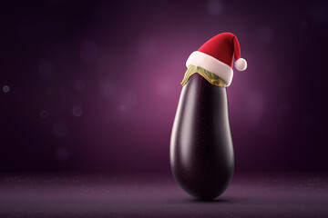 Eggplant wearing santa hat on purple background