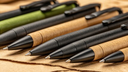 Closeup of biodegradable pens lying on recycled paper emphasizing green alternatives for everyday writing tasks in an ecoconscious workspace.