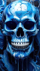A vibrant, artistic depiction of a skull rendered in shades of blue paint, with a splash effect.