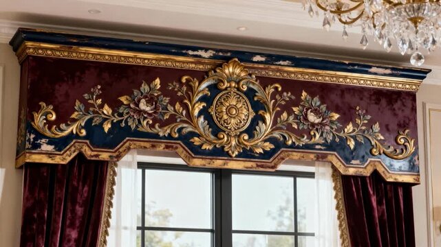 Designer selects ornate painted window trim with delicate patterns showcasing artistic detail and personalized style in upscale home decor.