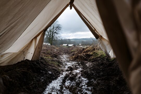 Canvas tent with muddy earth below, evoking an adventurous and rustic outdoor experience