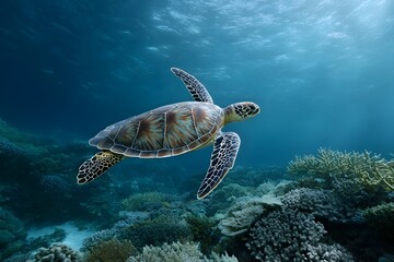 Fototapeta premium Graceful sea turtle gliding effortlessly over a coral reef, showcasing marine life at its best