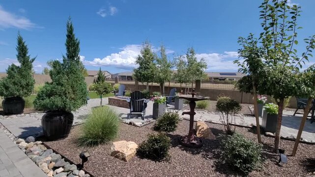 Path Leading To Patio Area, Tranquil Pathway Extending To Landscaped Garden With Seating Arrangements