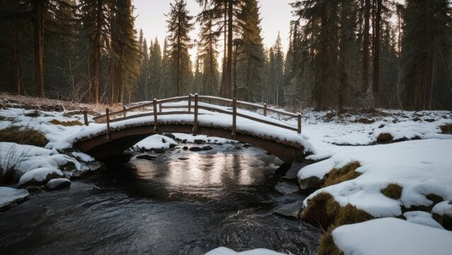 Winter's Embrace Wooden Bridge Over a Stream