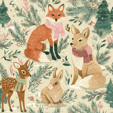 Foxes, deer and bunnies in scarves &mdash; adorable woodland winter seamless pattern for kids&rsquo; fabrics and nursery decor. on neutral background sweet invitation card illustration storybook hand drawn art