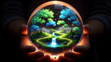 A glowing, transparent sphere containing a miniature, magical landscape of bright green and blue trees, rolling hills, and a waterfall, is being gently held in cupped hands against a dark background.