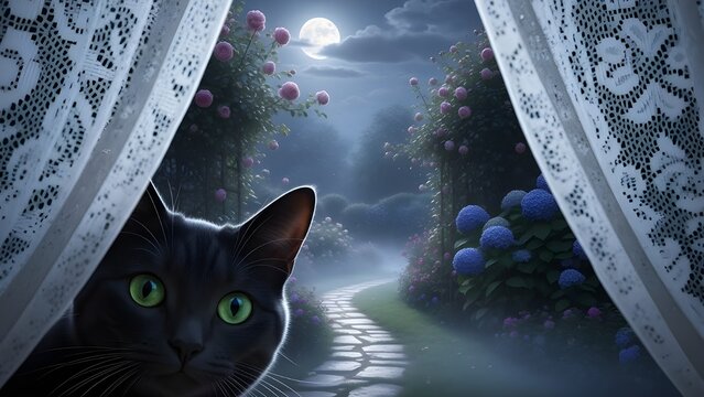 The view outside is a moonlit garden at night, featuring a stone path winding through bushes of pink roses and large clusters of blue hydrangeas.