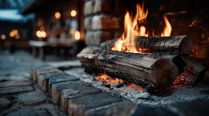Cozy fireplace with burning logs and warm flames creating a relaxing atmosphere