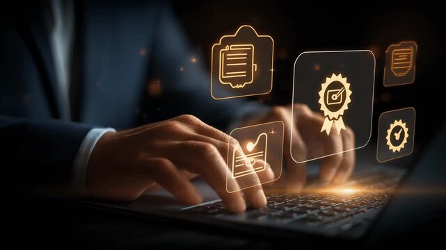 Hands typing on laptop with digital icons representing certification and documents, symbolizing online education and achievement