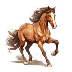 Obraz premium Majestic chestnut horse gallops gracefully on white backdrop, showcasing its beauty