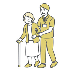 杖を使った高齢者への歩行介助・移動サポートのイラスト