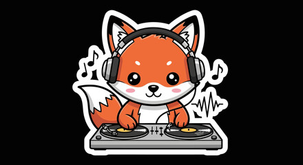 Cute cartoon fox DJ with headphones mixing music on turntables against black backdrop
