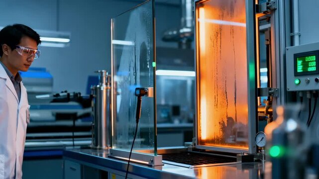 Closeup medium view of engineer monitoring heat retention on specialized glass panels during lab testing.