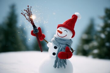 Cheerful Snowman in Red Hat Playing with Snowflakes in Winter Forest