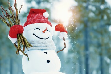 Cheerful Snowman in Red Hat Playing with Snowflakes in Winter Forest