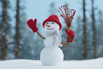 Cheerful Snowman in Red Hat Playing with Snowflakes in Winter Forest