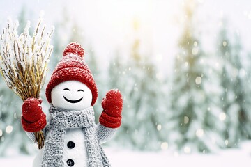 Cheerful Snowman in Red Hat Playing with Snowflakes in Winter Forest