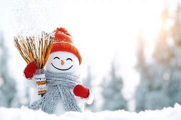 Cheerful Snowman in Red Hat Playing with Snowflakes in Winter Forest