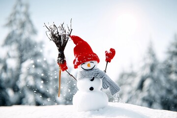 Cheerful Snowman in Red Hat Playing with Snowflakes in Winter Forest