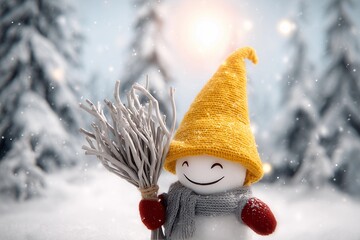 Cheerful Snowman in yellow Hat Playing with Snowflakes in Winter Forest