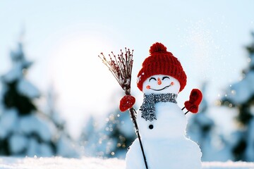 Cheerful Snowman in Red Hat Playing with Snowflakes in Winter Forest
