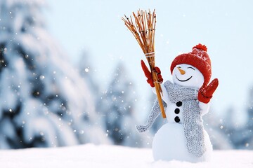Cheerful Snowman in Red Hat Playing with Snowflakes in Winter Forest