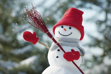 Cheerful Snowman in Red Hat Playing with Snowflakes in Winter Forest