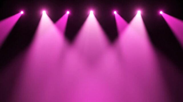 Five Deep Magenta Spotlights on Blackberry Gradient. Horizontal Row of Cone Shaped Beams. Graphic Abstract Luxurious Energy.